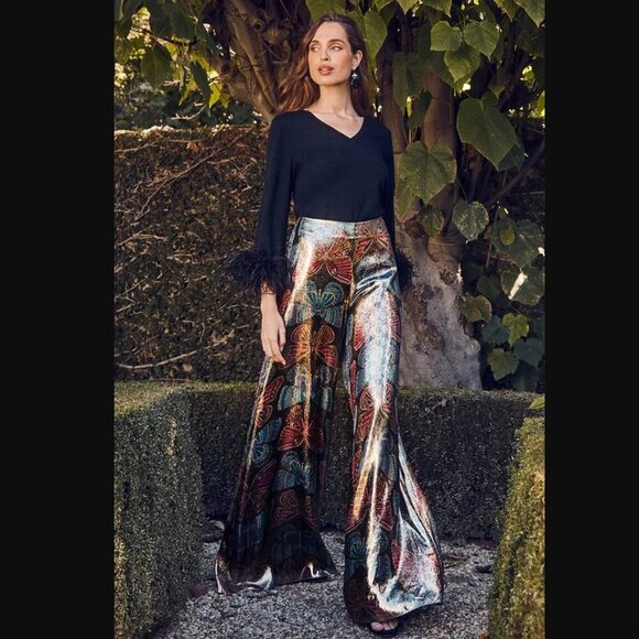 Trina Turk Siya Metallic Silk Butterfly Patterned Wide Leg Pants 0 - Picture 2 of 11